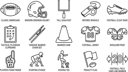 Obraz premium American Football Equipment and Gridiron Game Vector Icon Set with Helmet Cleats Jersey Shoulder Pads Strategy Playbook Clipboard and Field Markers