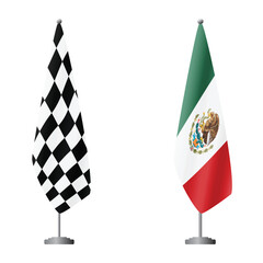 Obraz premium Checkered and Mexico flags on flagpoles for official ceremonies and meetings, transparent background vector