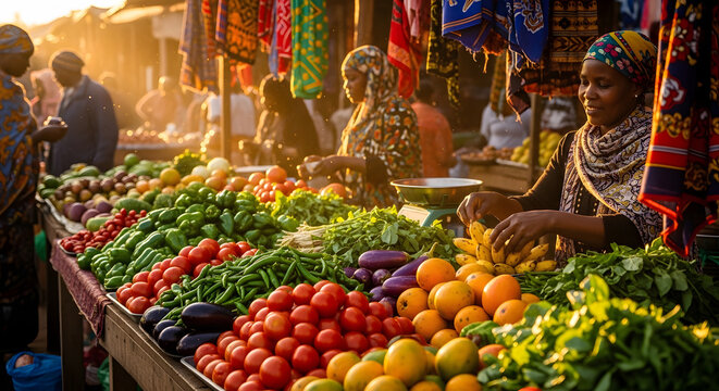 African woman selling fresh produce at outdoor market stall