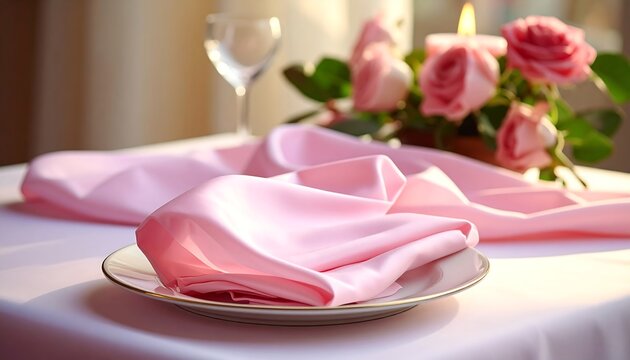 A table setting with a pink napkin on a plate and flowers
