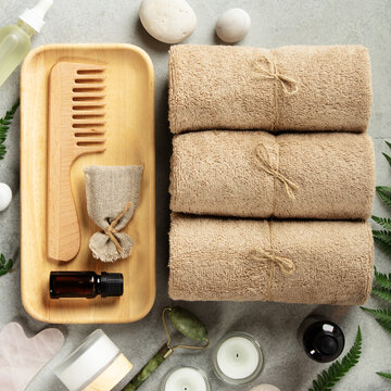 Spa Wellness Flat Lay with Fern, Towels, and Natural Products