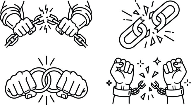 Broken Chains and Shrewdly Shattered Handcuffs Vector Icon Set Illustrating Freedom Liberation Power Success Independence and Human Rights Concepts for Graphic Designers