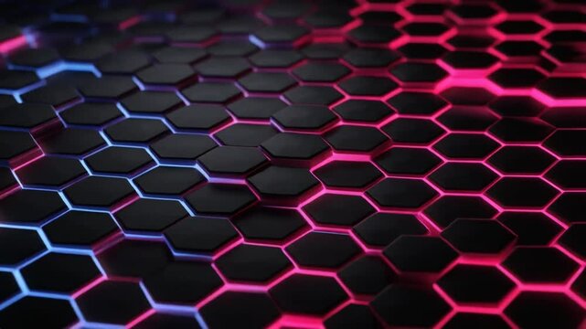 A 3D rendered hexagonal pattern with varying blue and pink LED-like lights