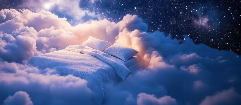 Surreal comfortable bed floating in soft fluffy clouds under a starry night sky. Sweet dreams concept