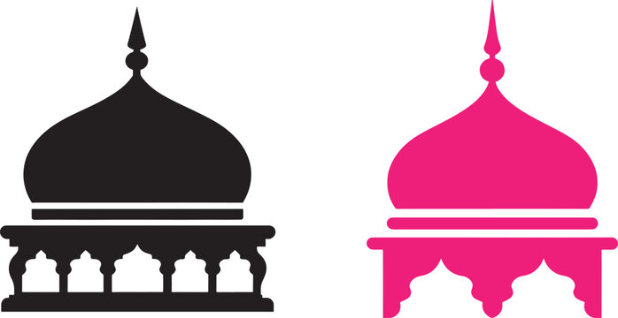 Islamic mosque dome vector silhouette icons in black and pink for ramadan and oriental architectural design