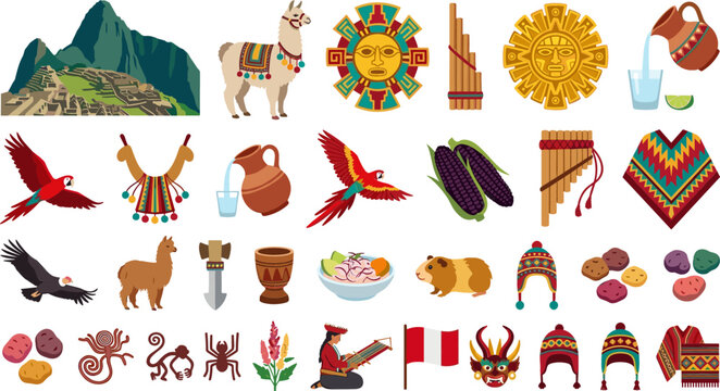 Peru Culture and Travel Landmarks Vector Illustration Collection Featuring Machu Picchu, Llama, Inca Sun Symbol, Panpipe, Macaw, Flag, and Traditional Pattern Designs