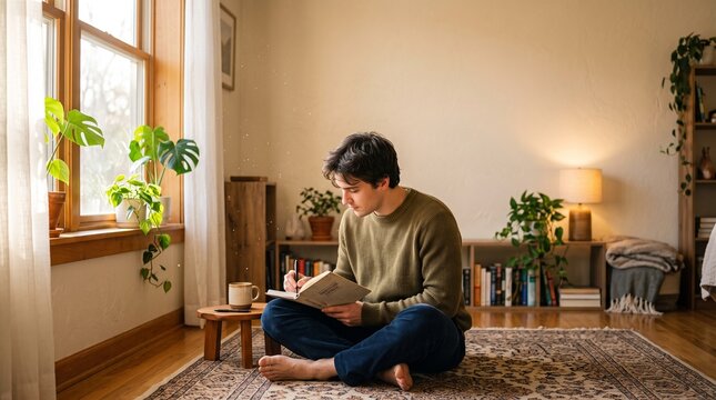 Young Man Writing in Gratitude Journal Sitting on Floor at Home