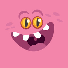 Fototapeta premium A fun and engaging illustration of a pink monster face with a wide friendly grin and large expressive eyes. This character design is perfect for children's content social media graphics or stickers.