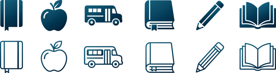 minimalist icon collection school education featuring book, apple, bus with pencil © Sumaya