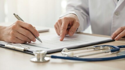 Fototapeta premium A close-up photograph of a doctor in a white lab coat pointing at a medical document on a desk, while a patient's hand holds a pen to sign the paper. A stethoscope lies in the foreground on the wooden