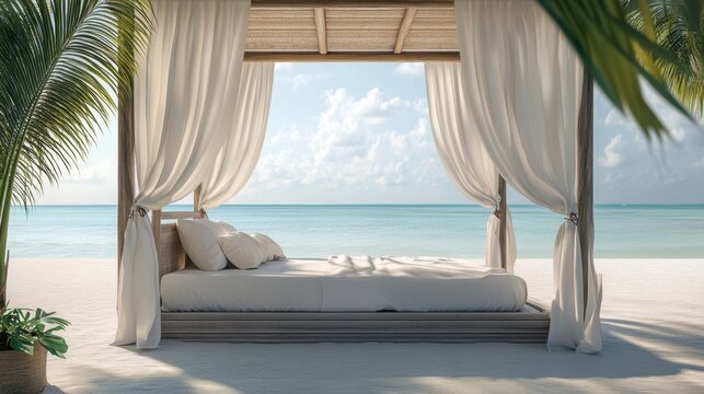 Luxury cozy beach cabana with white curtains and comfortable lounge bed overlooking the tropical ocean
