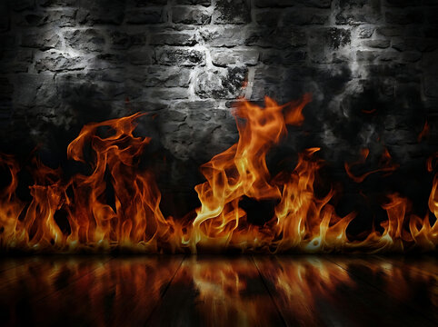 Dramatic halloween background with burning flames and old brick wall texture