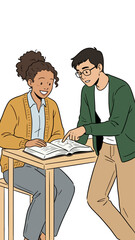 Fototapeta premium Two diverse students collaborating on a school project at a desk with an open book actively engaged in learning and discussion showcasing educational teamwork and intellectual growth in a bright