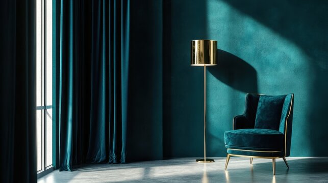 Modern minimalist interior with a dark green armchair and an elegant gold floor lamp against a deep emerald wall
