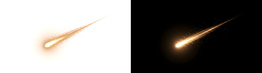 Meteor comet golden light effect with sparkling falling star trail for overlay use in PNG, Transparent and Black Background Versions © Nyxthrasza