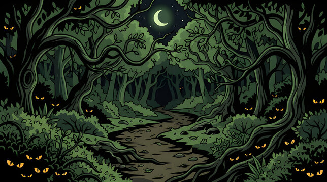 Spooky dark forest path at night with glowing eyes cartoon vector illustration