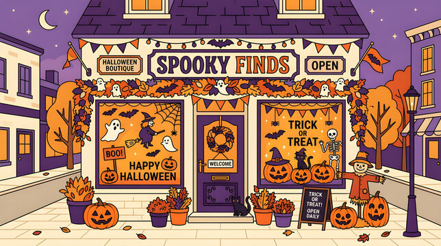 Halloween boutique storefront decorated with pumpkins and scarecrow cartoon illustration