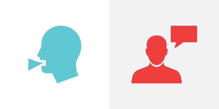 Cyan and red of a human head speaking and a person with a speech bubble for communication and messaging interface