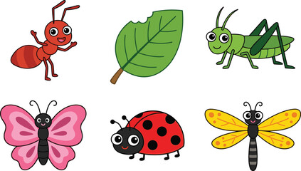 Cute spring garden insect cartoon character sticker vector set with ant grasshopper butterfly ladybug dragonfly and green leaf. © Shukimon