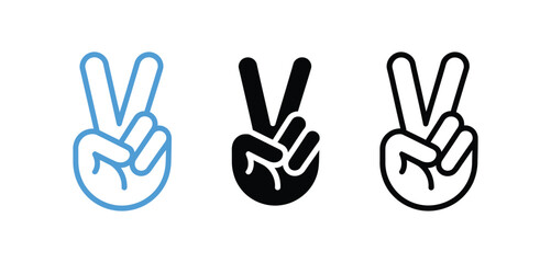 Fototapeta premium Peace Sign Hand Icon Set, Black And Blue V Gesture Vector Collection Symbolizing Freedom, Success, Victory And Positive Expression, Modern Hand Gesture Icons In Diverse Styles For Branding, Social
