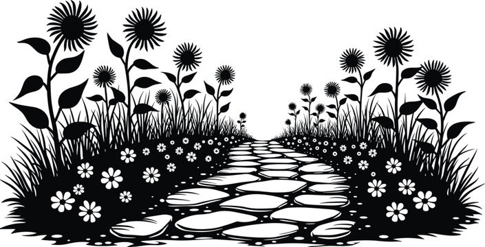 Sunflower Garden Path Coloring Page, Black and White Botanical Landscape Outline Vector Illustration