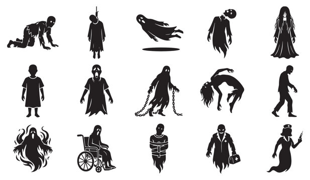 Halloween Silhouette Scary Zombie and Horror Character Vector Set