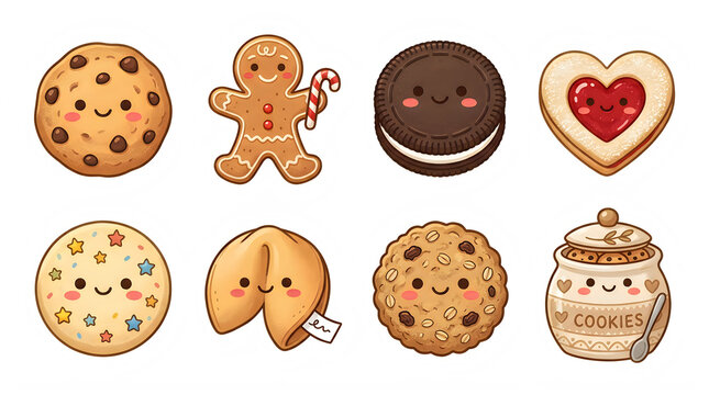Set of cute cartoon cookie characters and sweets on transparent background with cute illustration style