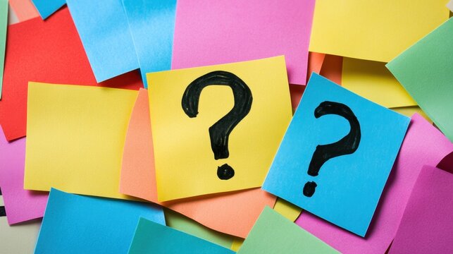 Colorful sticky notes spread out with black question marks written on them. Brainstorming or confusion concept