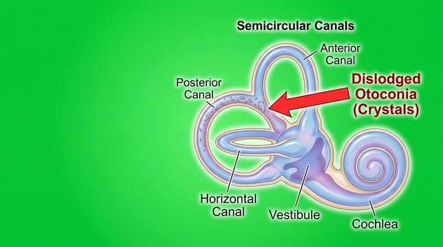 Anatomical diagram of the human inner ear showing dislodged otoconia crystals in the semicircular canals for medical education and clinical research
