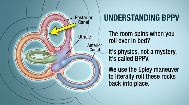 Anatomical diagram illustrating inner ear BPPV crystals and vestibular canals in a medical educational style