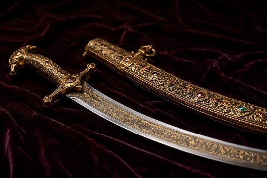 An ornate curved sword with a gem-encrusted scabbard on dark velvet.