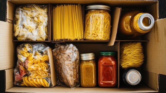Cardboard box filled with essential food items including pasta, oil, canned goods, and jars. Donation concept