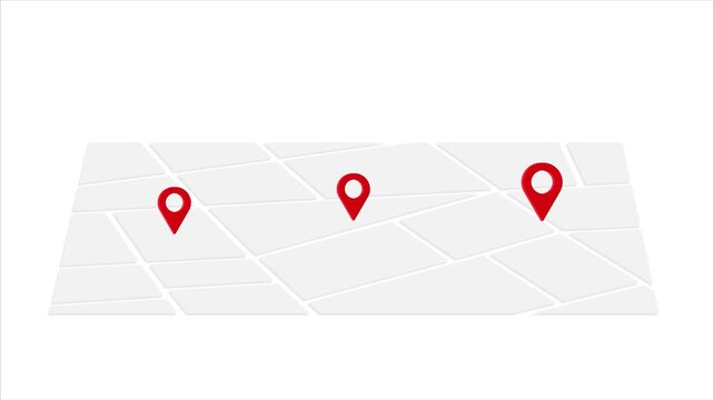 Animated map with red location pins appearing, representing geolocation, delivery, logistics tracking, business locations, service coverage, and expansion.
