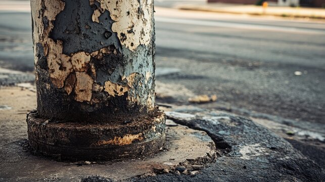 Cracked and damaged concrete base of a light pole on an urban asphalt street. City infrastructure problem