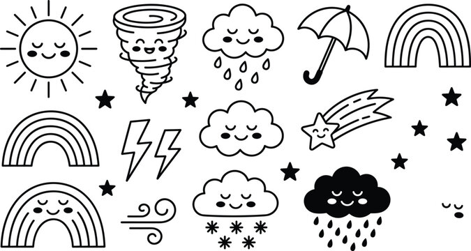 Cute weather and sky doodle line vector icon set with sun clouds rain snow lightning tornado rainbow and stars
