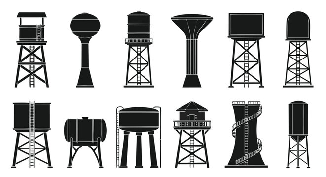 Water Tower Silhouette Icons Collection Industrial Storage Tank Reservoir Construction Vector Set