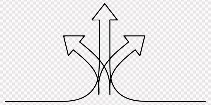 Continuous one line drawing of three arrows pointing up for success and progress Single line art of triple arrows rising together representing synergy and cooperation, three arrows pointing continuous