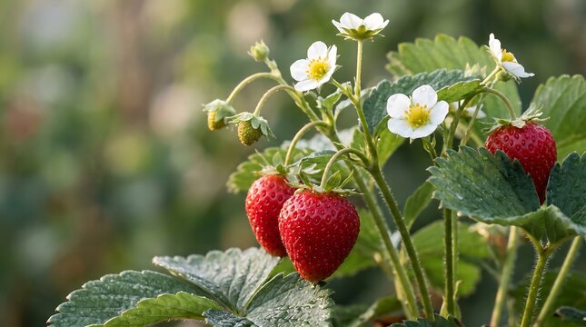 Fresh Ripe Strawberries Growing on a Green Plant in the Garden