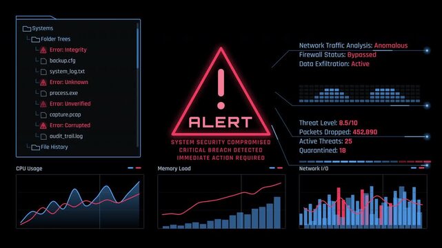 Motion graphics overlay of a futuristic cyber security breach HUD interface warning of system compromise on a deep black background