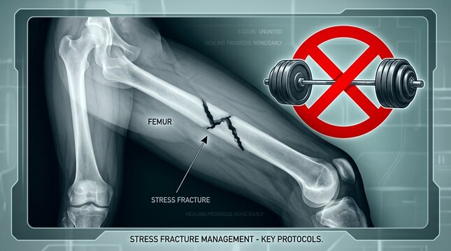 Medical X-ray showing a fractured femur bone with a no lifting warning sign