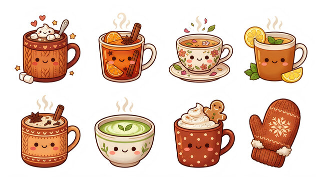 Set of cute kawaii hot drinks and winter mitten on transparent background with warm beverages with lemon