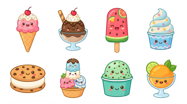 Set of eight cute cartoon frozen dessert illustrations on transparent background with ice cream cones