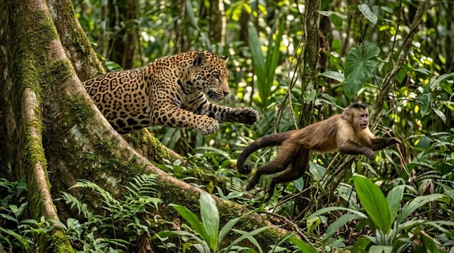 jaguar jumping from tree roots toward a tufted capuchin monkey