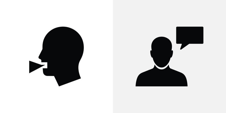 Set of two black showing a human head speaking and a person with a speech bubble for communication and messaging interface