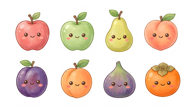 Cute set of eight kawaii fruits with smiling faces on transparent background