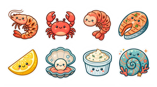 Set of cute kawaii seafood icons and garnishes on transparent background with sauce isolated transparent
