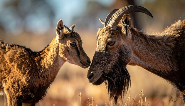 A tender moment between two horned animals in a sunlit field