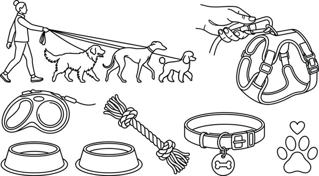 Dog Walker and Pet Accessories Icon Set with Harness, Retractable Leash, Collar, Bowls, Toy Rope, and Paw Print Symbols for Veterinary and Care Designs