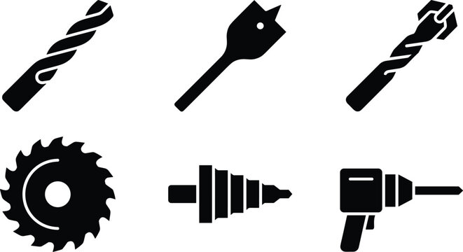 Drill Bits and Saw Blade Icon Set with Twist, Spade, Masonry, Step, and Power Drill Symbols for Carpentry, Construction, and Hardware Designs