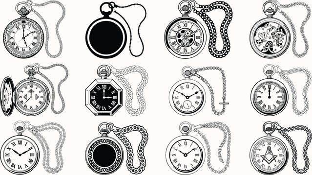 Collection of vintage pocket watches with chains featuring diverse designs and symbols on transparent background